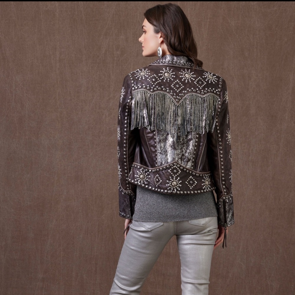 Double D Ranch 5M leather biker jacket studs crystals rhinestone fringe RTL 1395
